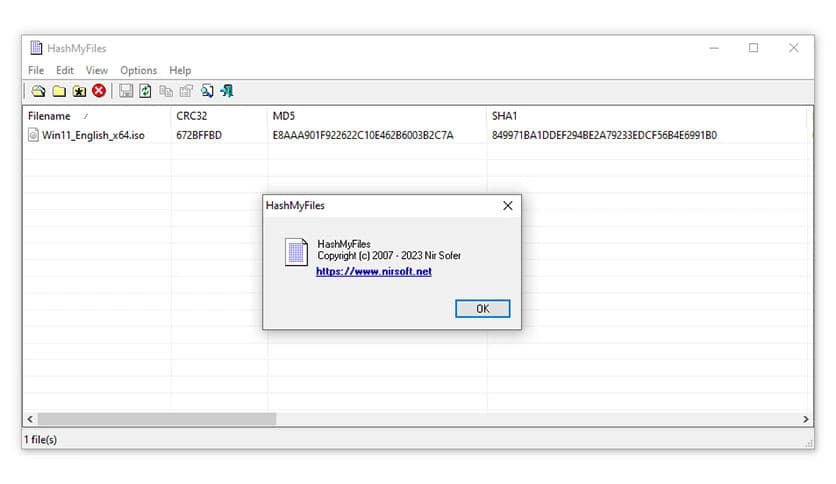 NirSoft HashMyFiles