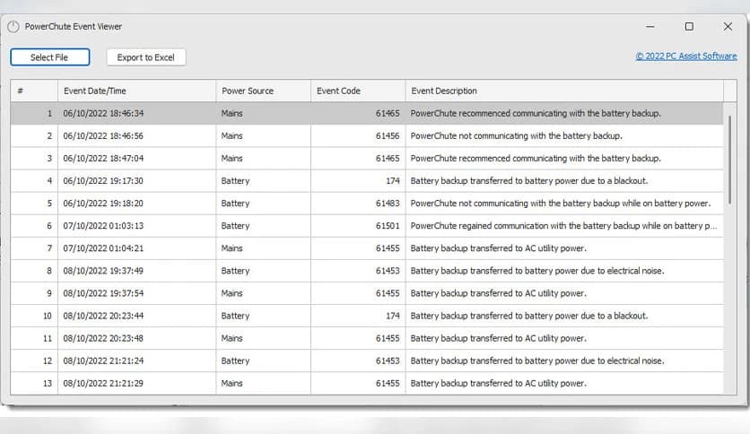 PC Assist PowerChute Event Viewer