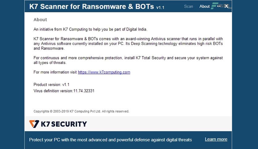 K7 Scanner for Ransomware & BOTs 1.0.0.721