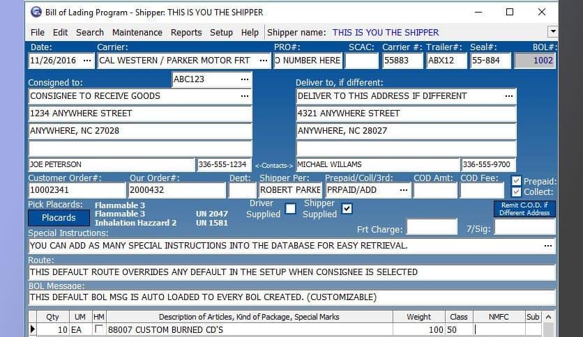 Starre Enterprises Star Bill Of Lading 12.50